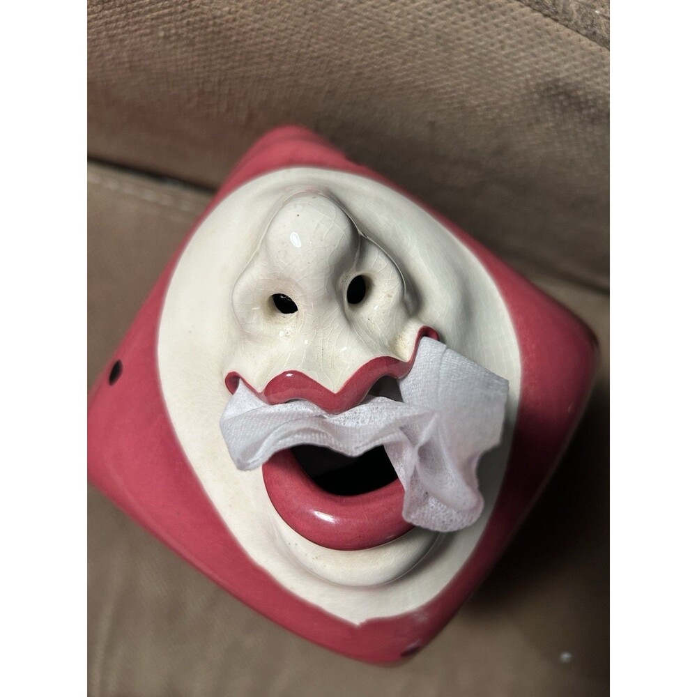 Vintage Ceramic Signed WANDA Smiling Face Tissue Box Cover 3D Face Sneeze 1980
